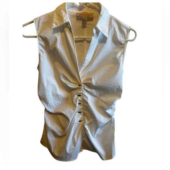 Philosophy Tops - Philosophy White Sleeveless V-Neck Ruched Collar Shirt Silver Accent Sz XS